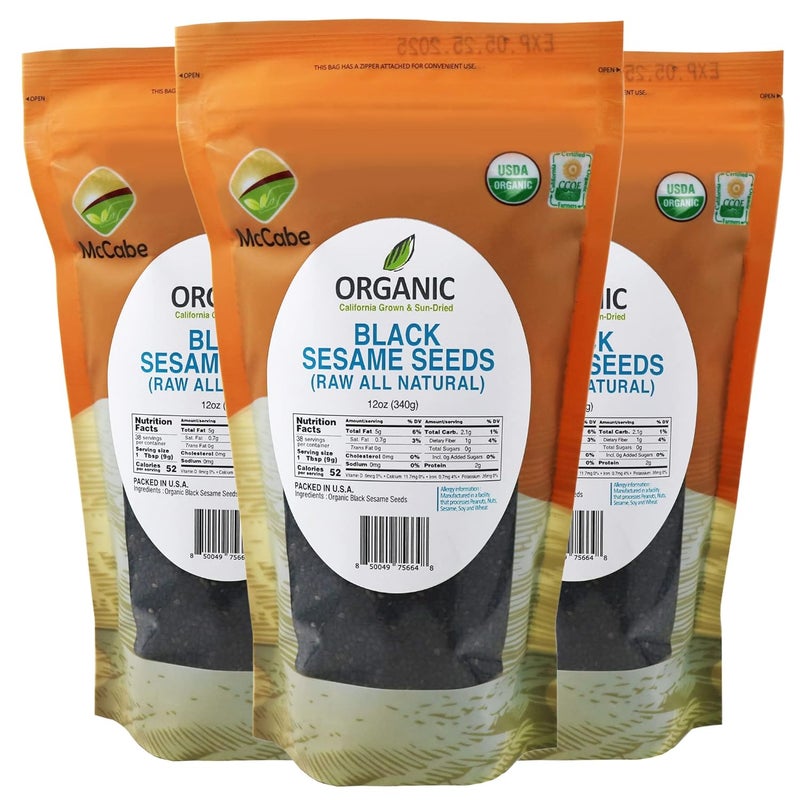 Organic Black Sesame Seed - Organic Raw Black Sesame Seeds 12oz (Pack of 3) | Rich with Fiber & Minerals | USDA and CCOF Certified | Packed in USA